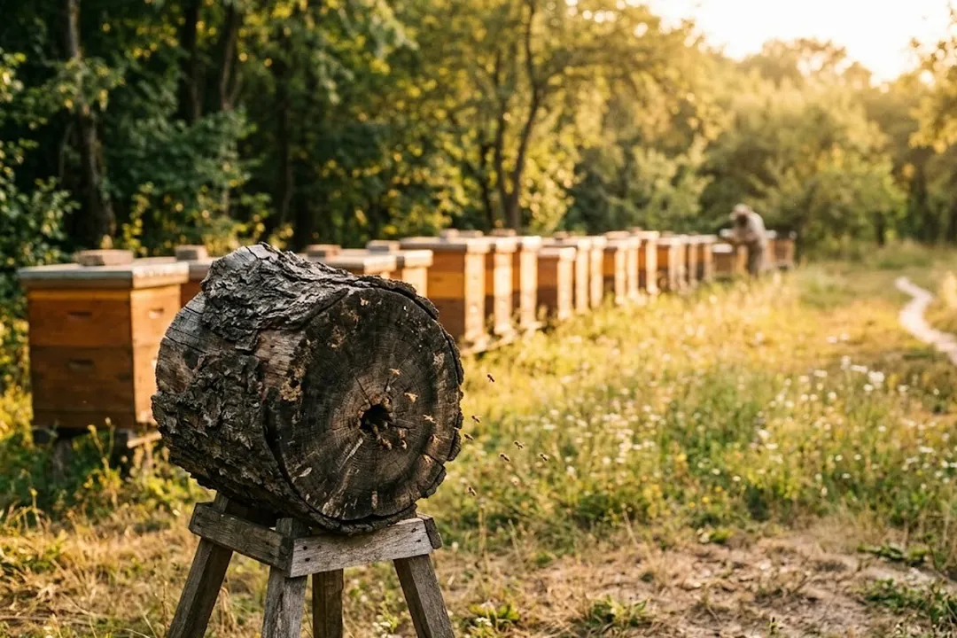 старинная борть в дереве и современная рамочная пасека рядом